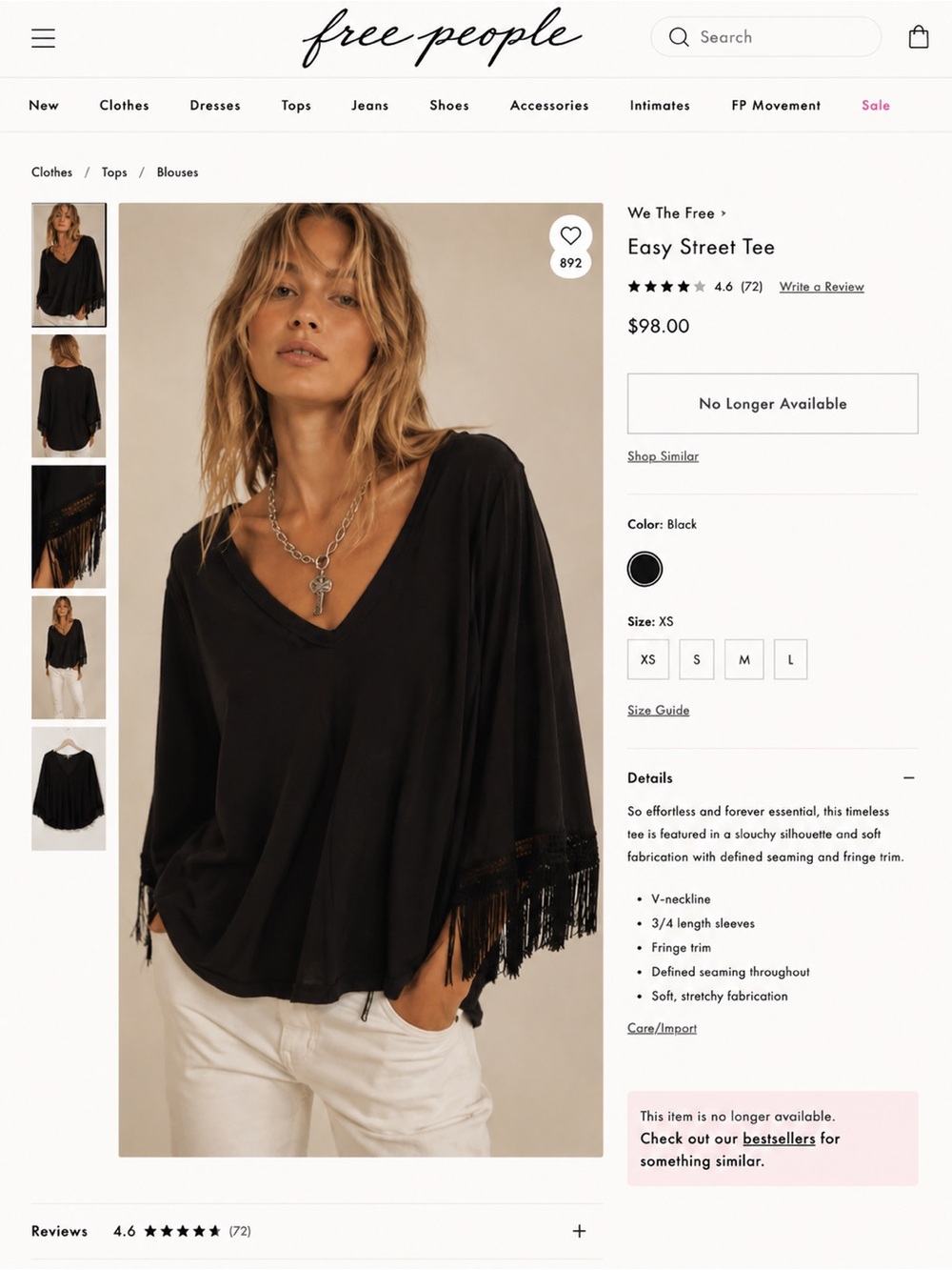 Free People Black Easy Street Fringe V-Neck Tee